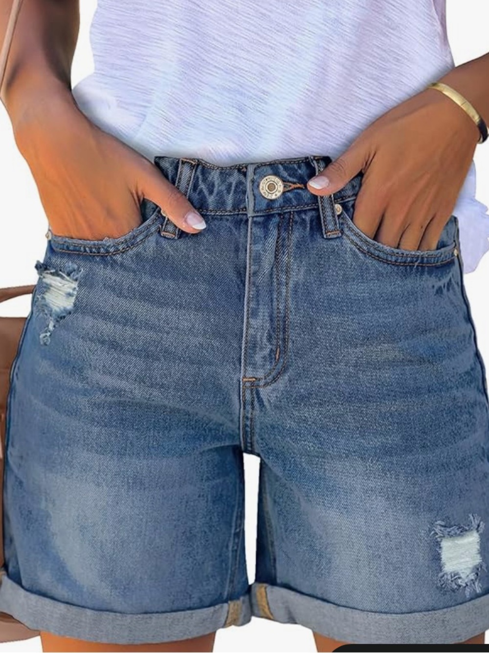 Luvamia Women's Blue Denim Rolled-Hem High Waisted Casual Ripped Stretchy Shorts